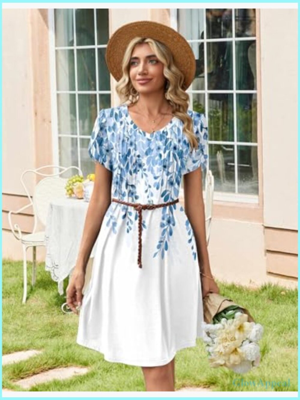 V Neck Pleated Casual A Line Dress Floral Boho Sundress - Picture 4 of 6